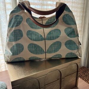 Orla Kiely Cream Tote with Teal Leaf Motif and Tan Handles